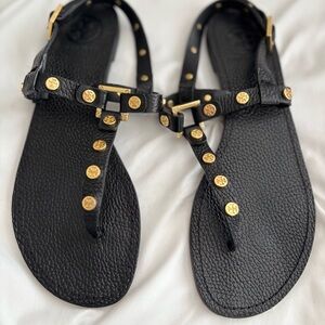 Tory Burch Black Leather Sandals with Gold Accents